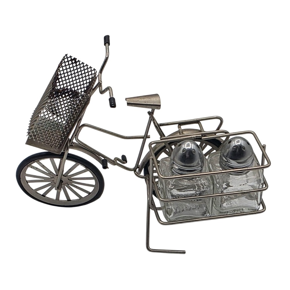 Vtg Novelty Bicycle Salt‎ & Pepper Shakers Set Metal Holder Glass Pamaya Taiwan